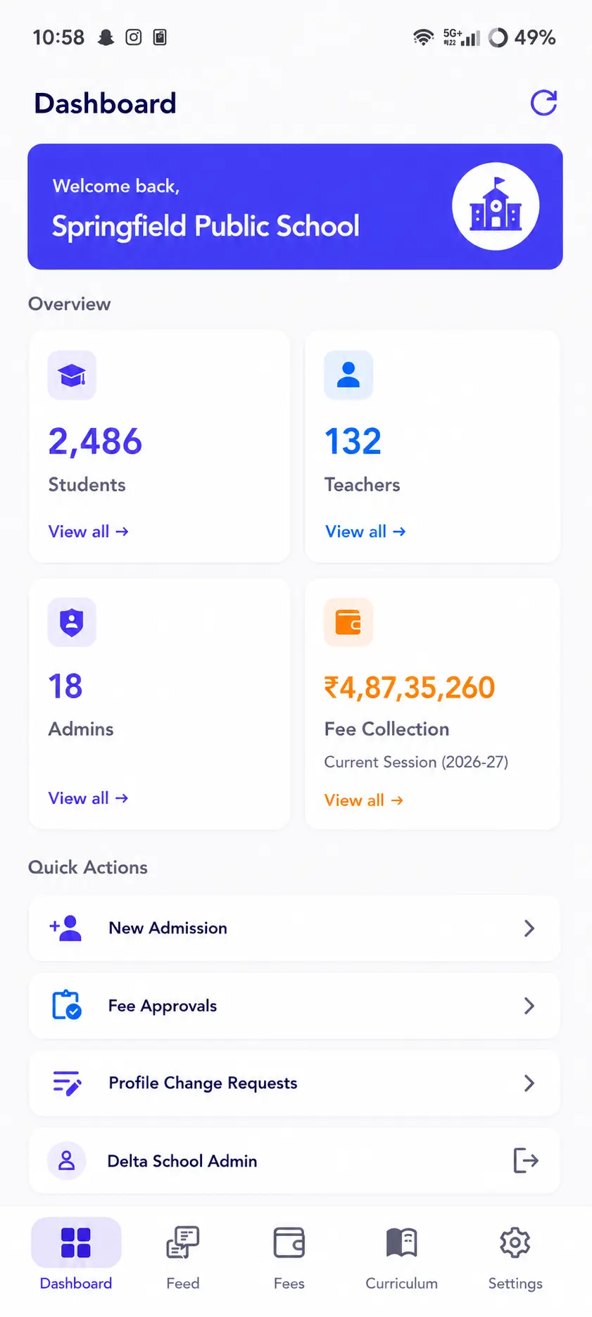 DeltaSchool admin dashboard preview