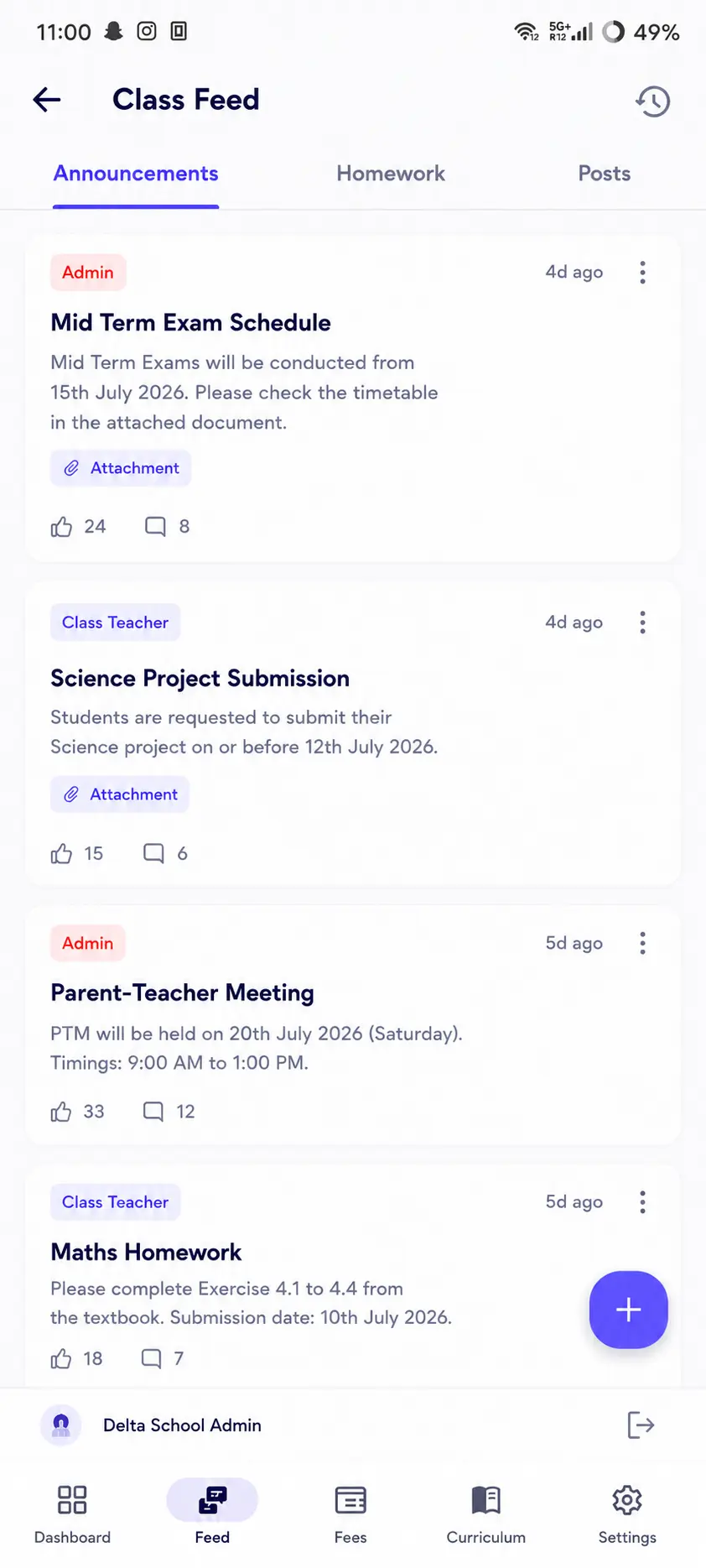 DeltaSchool Class Feed screen