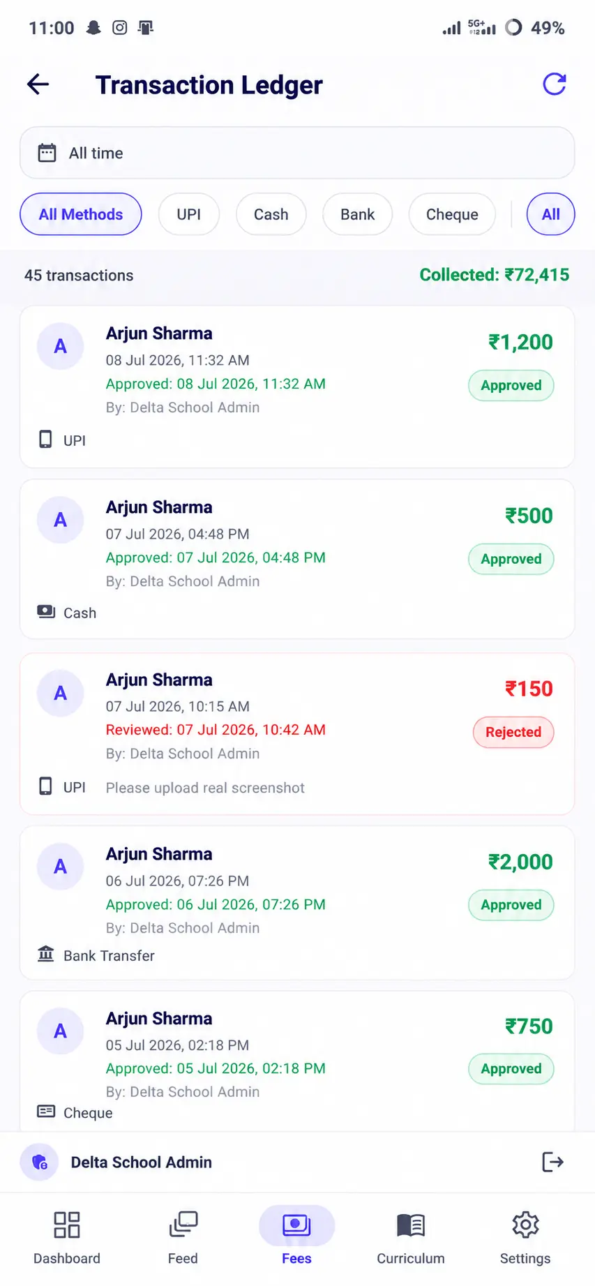 DeltaSchool Transaction Ledger screen