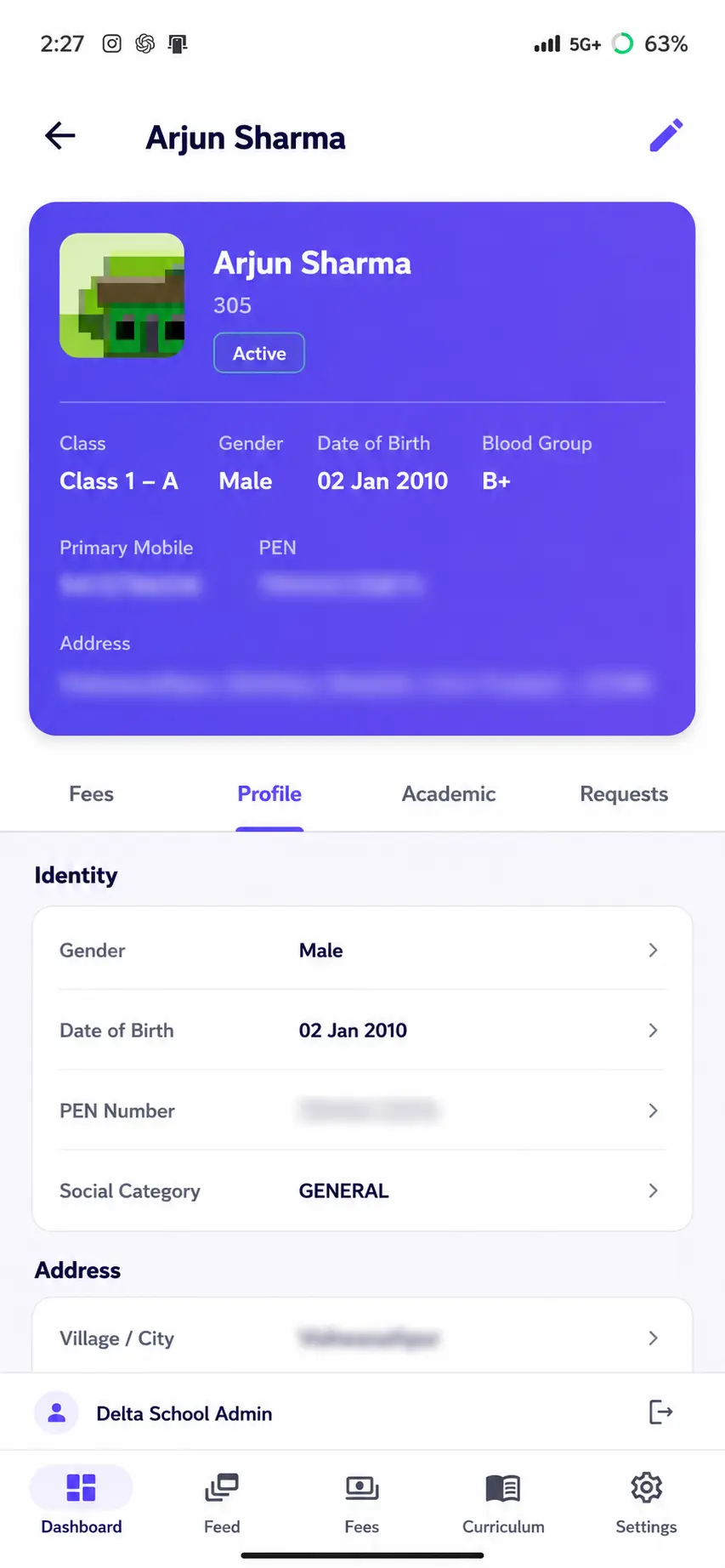 DeltaSchool Student Profile screen